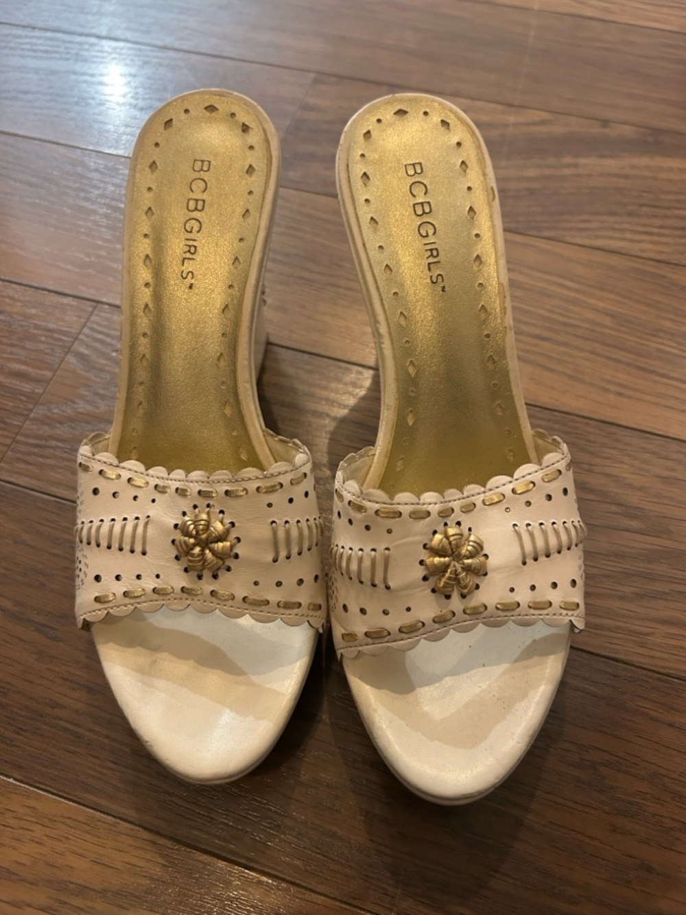 BCBGirls Beige Perforated Wedge Slide Sandals with Gold Accent - Picture 4 of 4